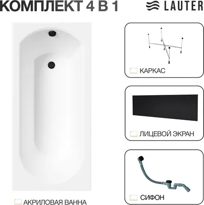Ванна акриловая Lauter Haven 150 / 21202005 (с каркасом, лицевым экраном черного цвета и сифоном 21Y32001 матовый черный)