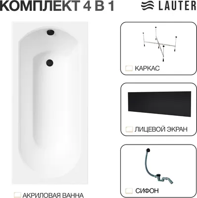 Ванна акриловая Lauter Haven 150 /21202005 (с каркасом, лицевым экраном черного цвета и сифоном 21Y31001 матовый черный)