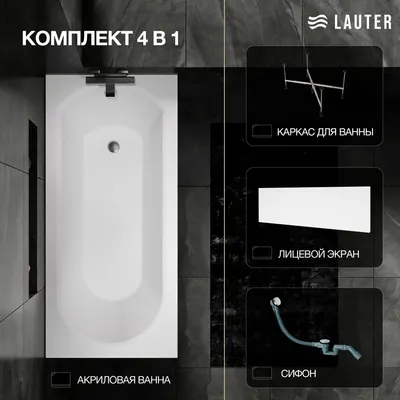 Ванна акриловая Lauter Haven 170 / 21202007 (с каркасом, лицевым экраном белого цвета и сифоном 21Y32000 хром)