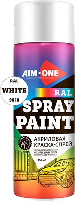 Краска автомобильная AIM-ONE Акриловая RAL-9010 (450мл, белый)