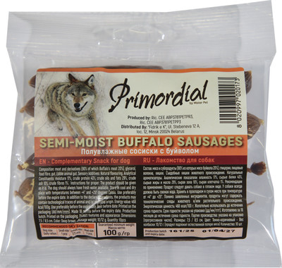 Лакомство для собак Primordial Sausages Dog Semi Moist Buffalo (110г)