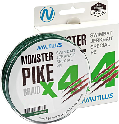 Леска плетеная NAUTILUS Monster Pike Braid X4 Dark Green d-0.38 31.7кг 70lb /06-24300333 (150м)