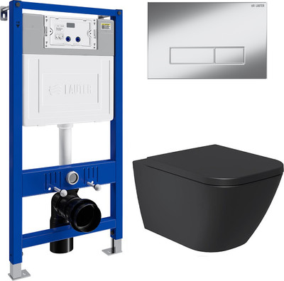 Унитаз подвесной с инсталляцией Lauter Nuremberg 21811B + 21901001 (черный, с кнопкой 219701HD хром)
