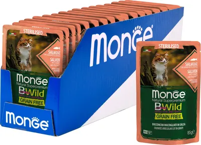 Влажный корм для кошек Monge BWild Grain Free из лосося с креветками и овощами (28х85г)
