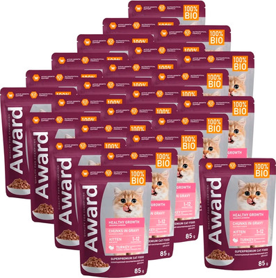 Влажный корм для кошек Award Healthy Growth для котят от 1 месяца кусочки в соусе с индейкой (24х85г)