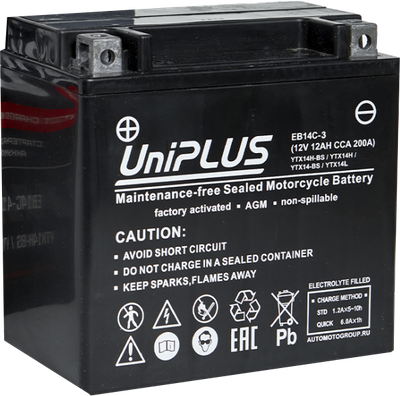 Мотоаккумулятор UniPLUS HP (1) 200A YTX14-BS / EB14C-4  (12А/ч)