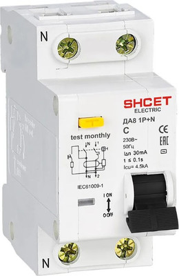 Дифференциальный автомат SHCET ДА 8 1Р+N 32А 10мА уст. шина / S0000498
