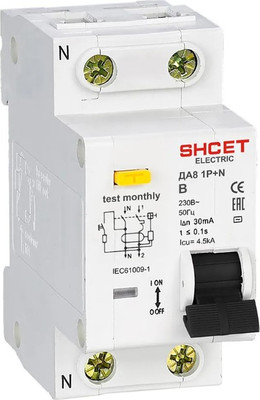 Дифференциальный автомат SHCET ДА 8 1Р+N 32А 30мА хар.В уст. шина / S0000507