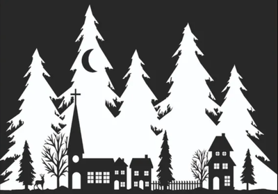 Наклейка на окно Зимнее волшебство Дома на фоне елей / 10075683 (50х34см)