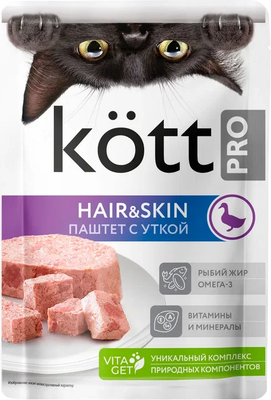 Влажный корм для кошек Kott Pro паштет для красивой шерсти с уткой (75г)