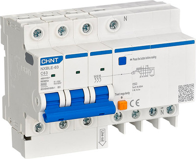 Дифференциальный автомат Chint NXBLE-63 3P+N C20 30мА тип AС 6кА / 982113