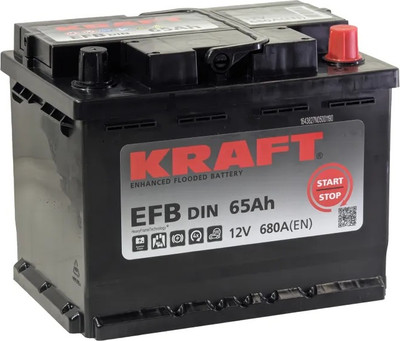 Автомобильный аккумулятор KrafT EFB R+ 680A / EFB-L2. (65 А/ч)