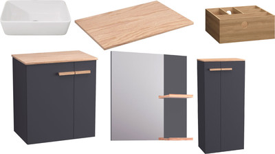 Комплект мебели для ванной Lauter Adri тумба, столешница, раковина 21674A (органайзер 23 см, шкаф-пенал, зеркало, 59 см, антрацит)