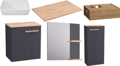 Комплект мебели для ванной Lauter Adri тумба, столешница, раковина 21674A (органайзер 32 см, шкаф-пенал, зеркало, 59 см, антрацит)