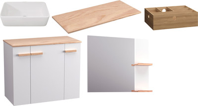 Комплект мебели для ванной Lauter Adri тумба, столешница, раковина 21674A (органайзер 32 см, зеркало, 79 см, белый глянец)