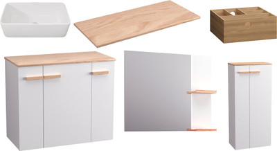 Комплект мебели для ванной Lauter Adri тумба, столешница, раковина 21674A (органайзер 23 см, шкаф-пенал, зеркало, 79 см, белый глянец)