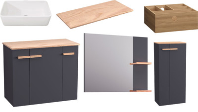 Комплект мебели для ванной Lauter Adri тумба, столешница, раковина 21674A (органайзер 23 см, шкаф-пенал, зеркало, 79 см, антрацит)