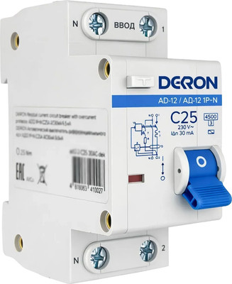 Дифференциальный автомат DEKRON АД12 1P+N С25A АС30мА 4.5kA / ad12-2-C25-30AC-dek