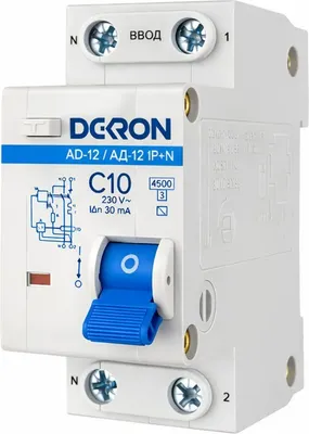 Дифференциальный автомат DEKRON АД12 1P+N С10A АС30мА 4.5kA / ad12-2-C10-30AC-dek