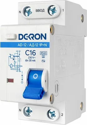 Дифференциальный автомат DEKRON АД12 1P+N С16A АС30мА 4.5kA / ad12-2-C16-30AC-dek 
