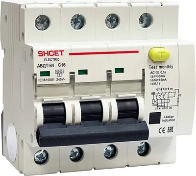 Дифференциальный автомат SHCET АВДТ64 3Р+N 40А 300мА 6кА тип АС / S0003344