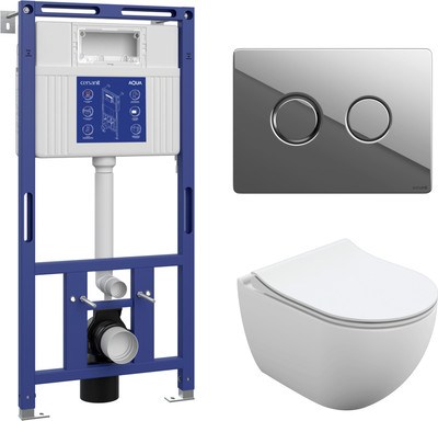 Унитаз подвесной с инсталляцией Cersanit Brasko Slim 64824 + Aqua 50 68178 +Accento Circle для Aqua 69074 (кнопка хром глянец)