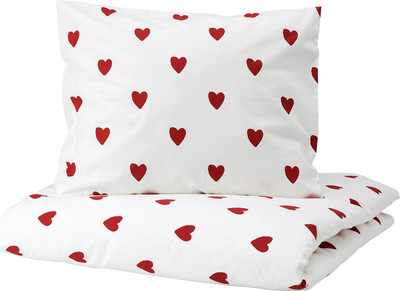 Пододеяльник с наволочками Ikea Барндрем Сердечки / 605.888.32 (белый/красный)