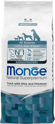 Сухой корм для собак Monge Speciality Line Monoprotein Для щенков Форель, рис и картофелем (12кг)