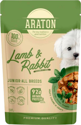 Влажный корм для собак Araton Junior Кусочки в соусе с ягненком и кроликом (500г)