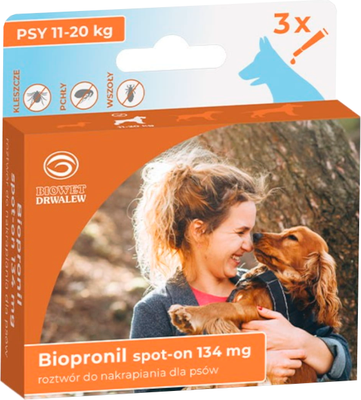 Капли от паразитов Biowet Drwalew Биопронил Спот Он 134мг 11-20кг (3 пипетки)
