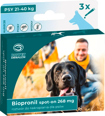 Капли от паразитов Biowet Drwalew Биопронил Спот Он 268мг 21-40кг (3 пипетки)
