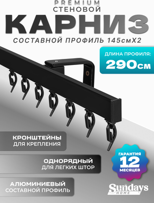 Карниз для штор Sundays Home D-2-S однорядный (2.9м, составной, черный)