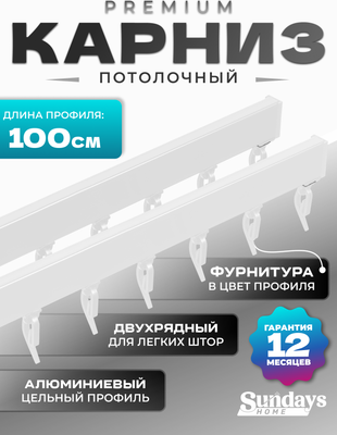 Карниз для штор Sundays Home D-2-P двухрядный (1м, цельный, белый)