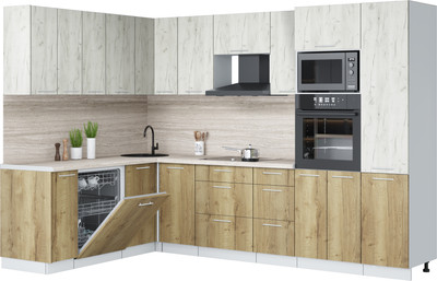 Кухонный гарнитур Interline Мила Лайт 1.896х2.98  (дуб белый/дуб золотой/травертин серый)