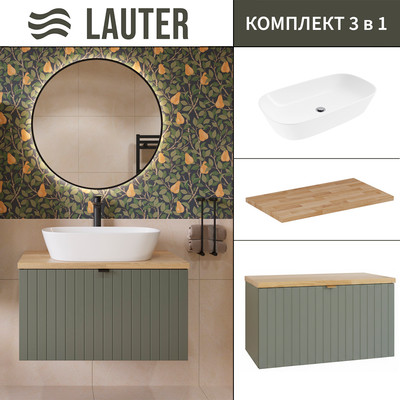 Тумба с умывальником Lauter Melisa 80 + 21393-70 (серо-зеленый п/мат, три ручки в комплекте + столешница из цельного дуба Melisa 80)