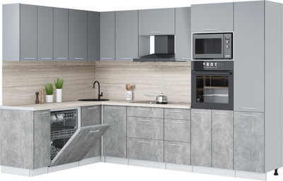 Кухонный гарнитур Interline Мила Лайт 1.896х2.98 (серебро/бетон/травертин серый)