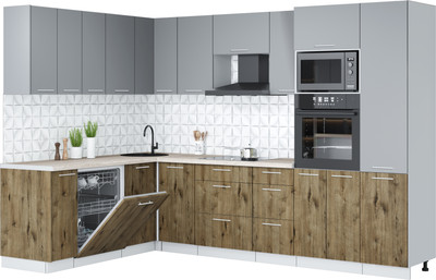 Кухонный гарнитур Interline Мила Лайт 1.896х2.98 (серебро/дуб веллингтон/травертин серый)