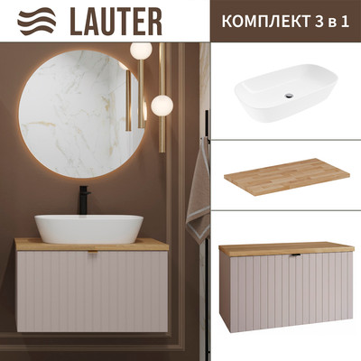 Тумба с умывальником Lauter Melisa 80 + 21393-70 (кашемир п/мат, три ручки в комплекте + столешница из цельного дуба Melisa 80)