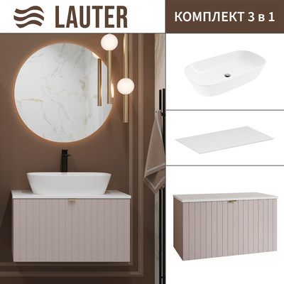 Тумба с умывальником Lauter Melisa 80 + 21393-70 (кашемир п/мат, три ручки в комплекте + столешница текстура камня, белый Melisa 80)