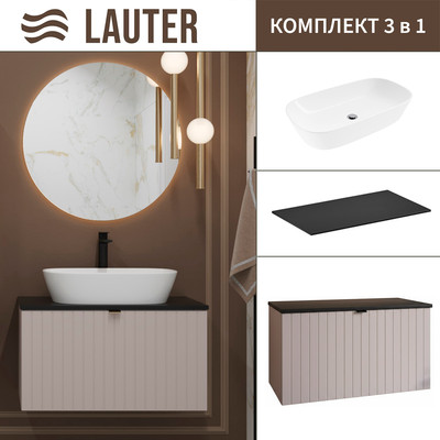 Тумба с умывальником Lauter Melisa 80 + 21393-70 (кашемир п/мат, три ручки в комплекте + столешница текстура камня, черный Melisa 80)