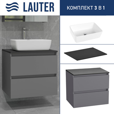Тумба с умывальником Lauter Mia 60 + 21674A (графит + столешница текстура камня, черный Mia 60)