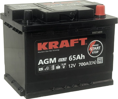 Автомобильный аккумулятор KrafT AGM R+ 700A / AGM-L2 (65 А/ч)
