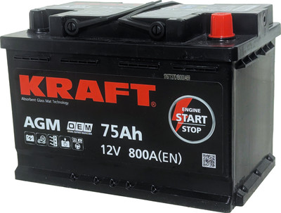Автомобильный аккумулятор KrafT AGM R+ 800A / AGM-L3 (75 А/ч)