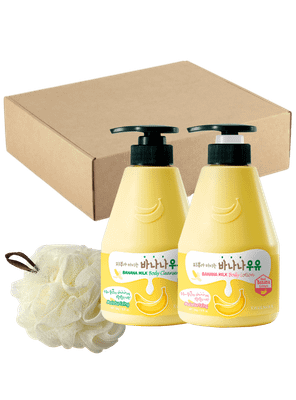 Набор косметики для тела Welcos Kwailnara Banana Milk Гель для душа+Лосьон+мочалка (2x560мл)