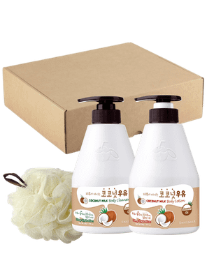 Набор косметики для тела Welcos Kwailnara Coconut Milk Гель для душа+Лосьон+мочалка (2x560мл)