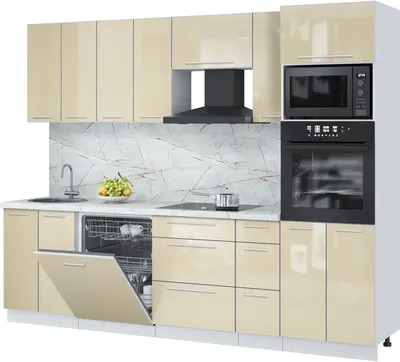 Кухонный гарнитур Interline Пластик 2.7-ПМ1 (ваниль глянец/ваниль глянец/серый каспий)