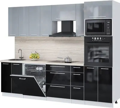 Кухонный гарнитур Interline Пластик 2.7-ПМ1 (черный глянец/туманный глянец/травертин серый)