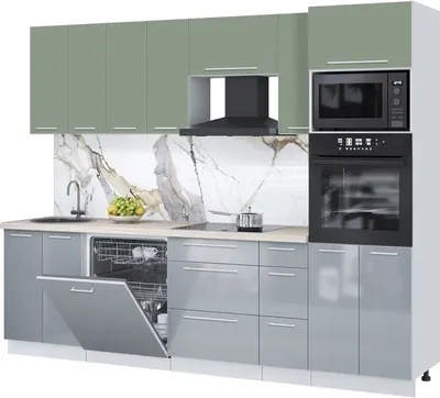 Кухонный гарнитур Interline Пластик 2.7-ПМ1 (туманный глянец/полынь/травертин серый)