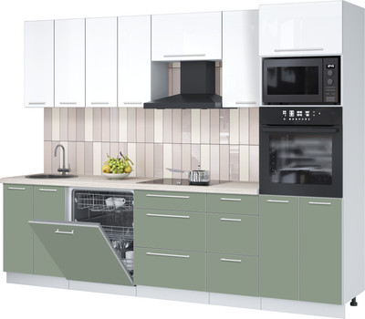 Кухонный гарнитур Interline Пластик 2.8-ПМ1 (полынь/белый глянец/травертин серый)