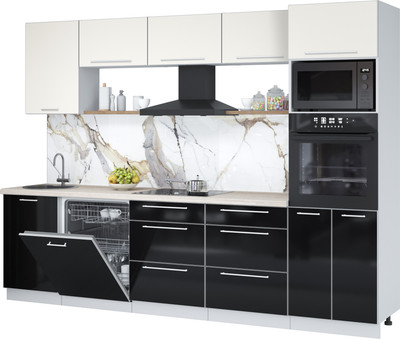 Кухонный гарнитур Interline Пластик 2.9-ПМ1  (черный глянец/зефирный/травертин серый)